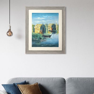 Boat and Hut - Knife Art Oil Painting in Blue Distressed Frame