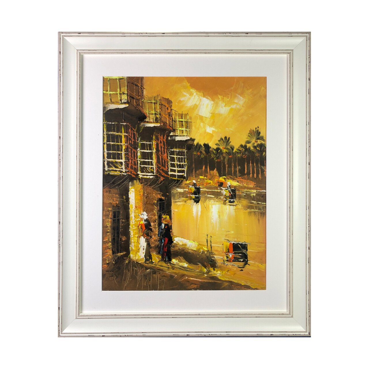 Village &amp; Dwellers -  Knife Art Oil Painting in Distressed Frame