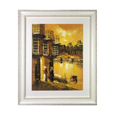 Village &amp; Dwellers -  Knife Art Oil Painting in Distressed Frame