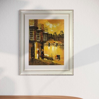 Village & Dwellers - Knife Art Oil Painting in Distressed Frame