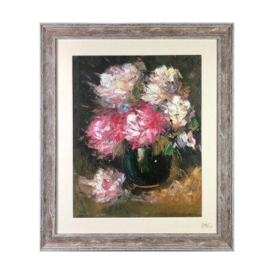 Vase of Flowers Oil Painting Pink Brown -  Knife Art Oil Painting in Brown Washed Frame