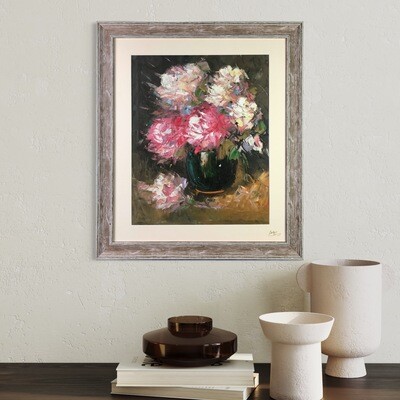 Vase of Flowers Oil Painting Pink Brown - Knife Art Oil Painting in Brown Washed Frame
