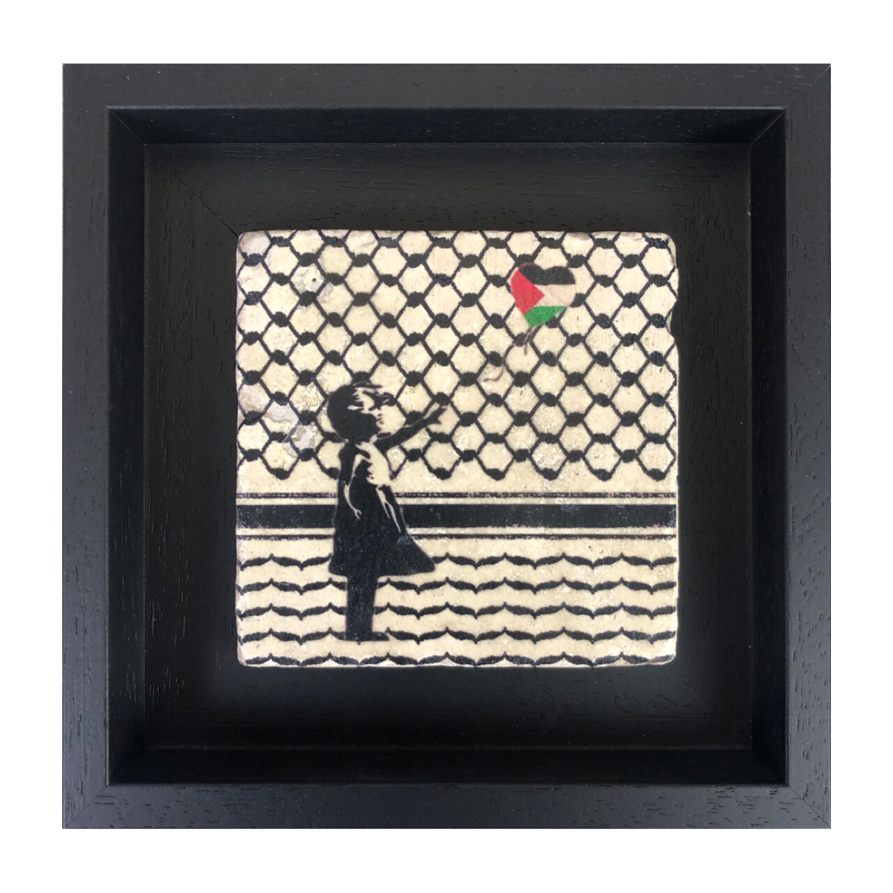Banksy's Girl with Keffiyeh & Palestine Balloon Design Stone Art Banksy's Girl with Keffiyeh & Palestine Balloon Design Stone Art, Size: Small, Frame Colour: Black