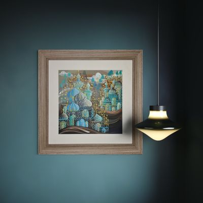 Arabesque Village Multicoloured Stacked Patterned Domes Oil Painting in Distressed Frame