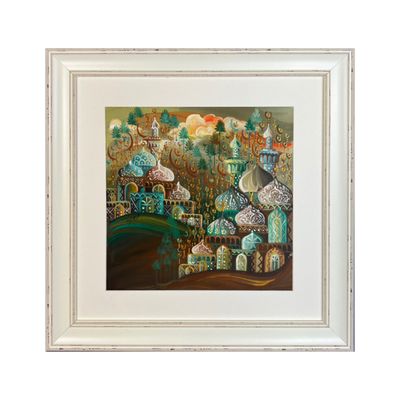 Arabesque Village Multicoloured Stacked Patterned Domes Oil Painting in Distressed Frame