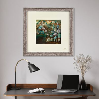 Arabesque Village Multicoloured Stacked Patterned Domes Oil Painting in Distressed Frame