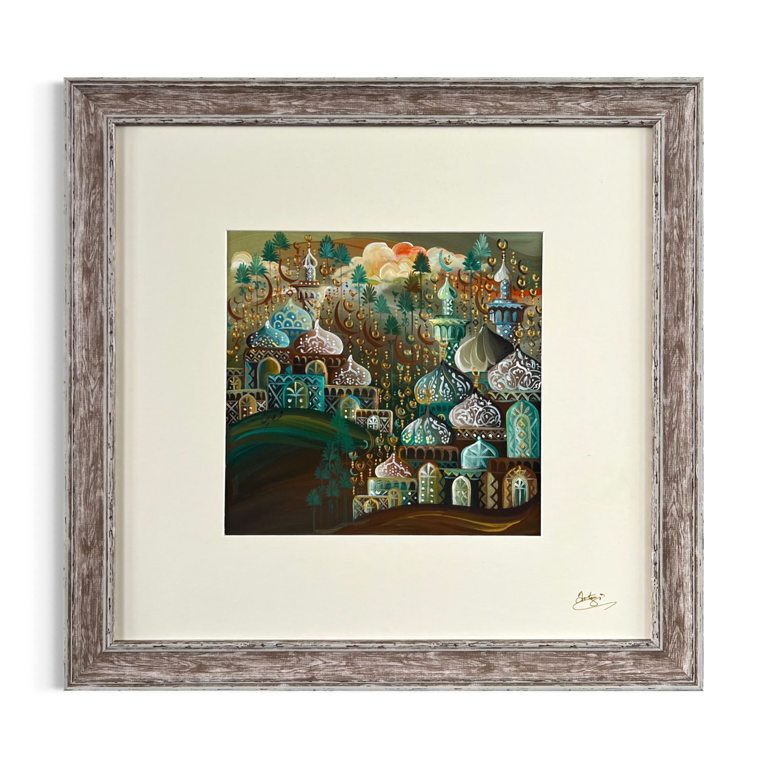 Arabesque Village Multicoloured Stacked Patterned Domes Oil Painting in Distressed Frame
