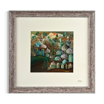 Arabesque Village Multicoloured Stacked Patterned Domes Oil Painting in Distressed Frame Arabesque Village Multicoloured Stacked Patterned Domes Oil Painting in Distressed Frame