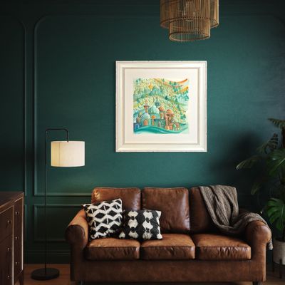 Arabesque Village Multicoloured Stacked Patterned Domes Oil Painting in Distressed Frame