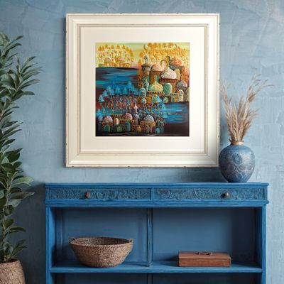 Arabesque Village Multicoloured Stacked Patterned Domes Oil Painting in Distressed Frame