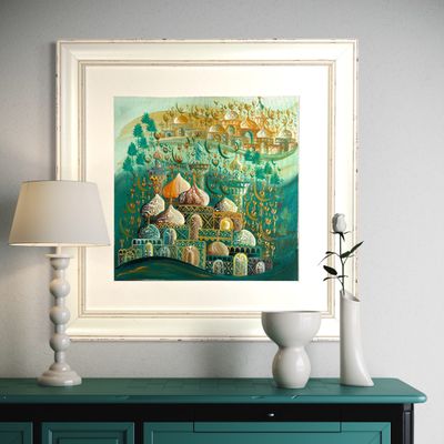 Arabesque Village Multicoloured Stacked Patterned Domes Oil Painting in Distressed Frame