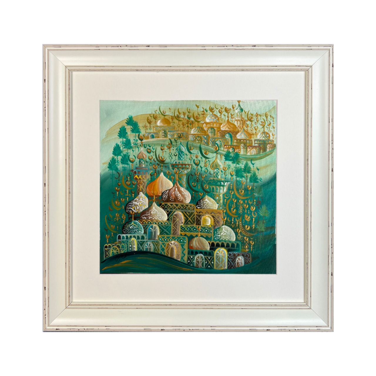 Arabesque Village Multicoloured Stacked Patterned Domes Oil Painting in Distressed Frame Arabesque Village Multicoloured Stacked Patterned Domes Oil Painting in Distressed Frame