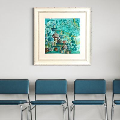 Arabesque Village Multicoloured Stacked Patterned Domes Oil Painting in Distressed Frame