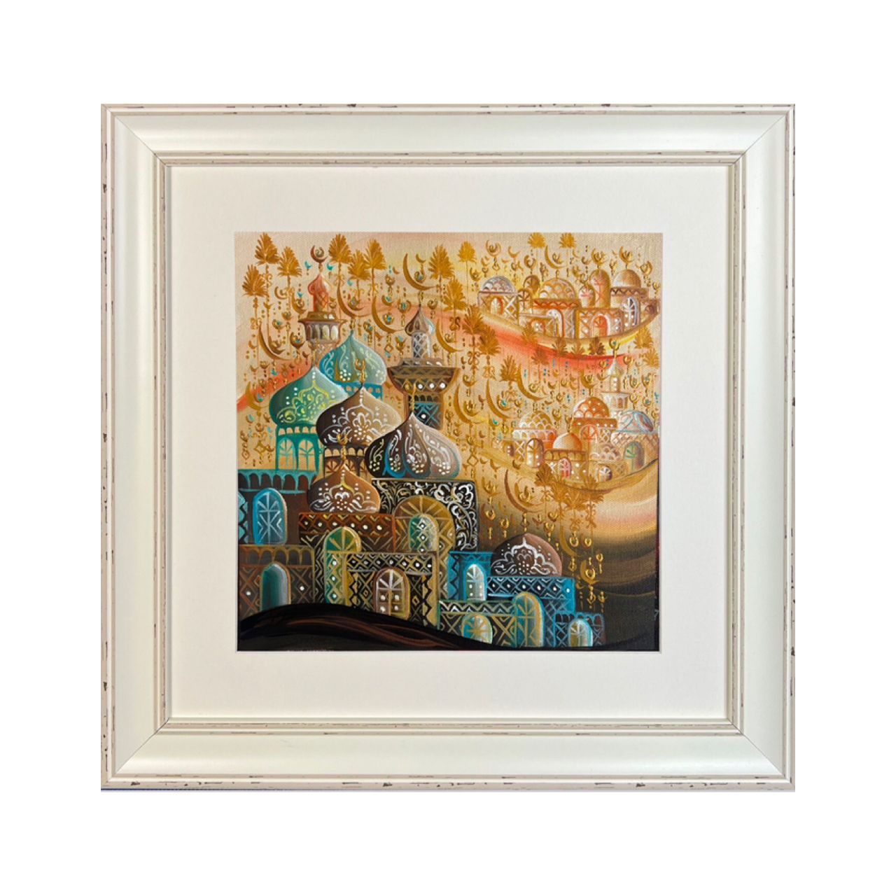 Arabesque Village Multicoloured Stacked Patterned Domes Oil Painting in Distressed Frame