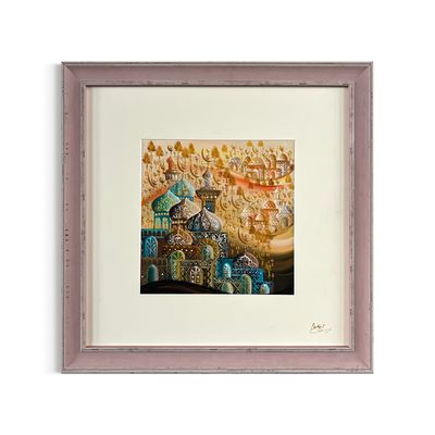 Arabesque Village Multicoloured Stacked Patterned Domes Oil Painting in Distressed Frame Arabesque Village Multicoloured Stacked Patterned Domes Oil Painting in Distressed Frame