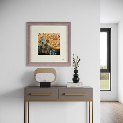 Arabesque Village Multicoloured Stacked Patterned Domes Oil Painting in Distressed Frame