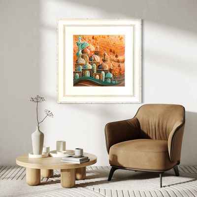 Arabesque Village Multicoloured Stacked Patterned Domes Oil Painting in Distressed Frame