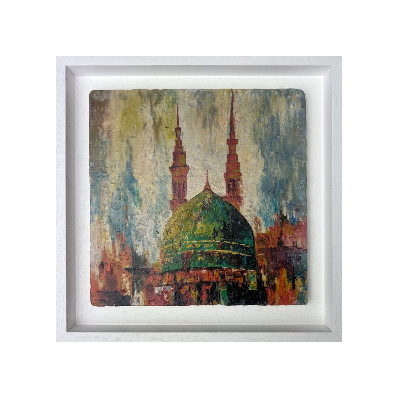 Green Dome Mosque of The Prophet Muhammad ﷺ Madinah Stone Art Green Dome Mosque of The Prophet Muhammad ﷺ Madinah Stone Art, Size: Medium, Frame Colour: White
