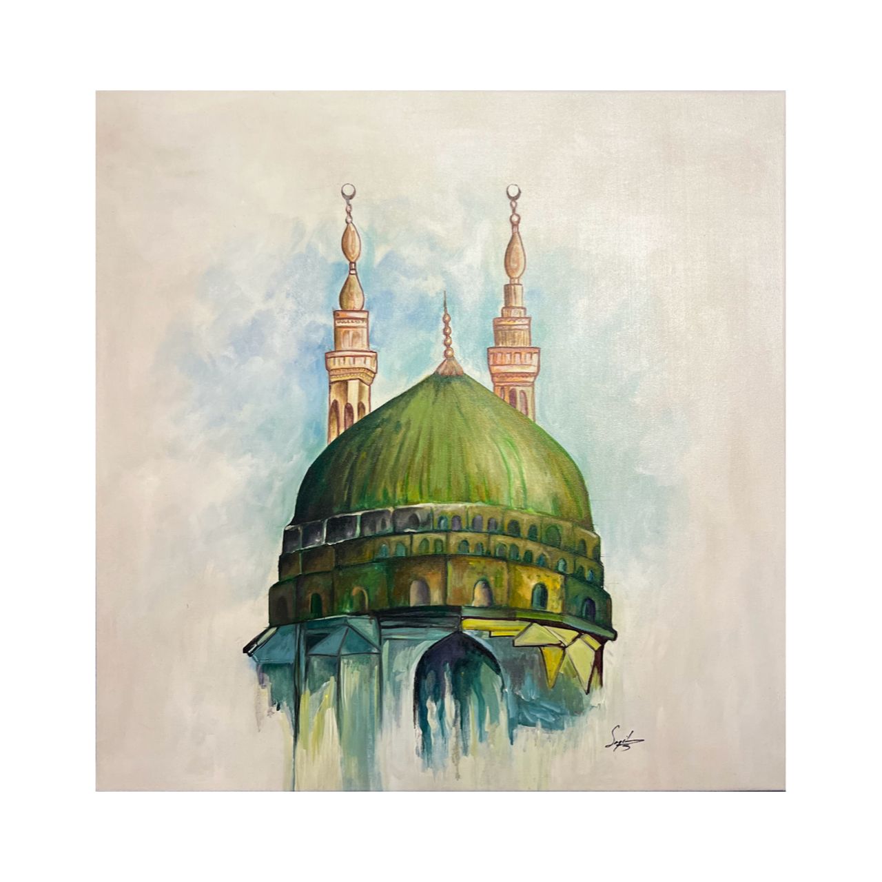 The Green Dome of Madinah – Hand-Painted Oil Artwork The Green Dome of Madinah – Hand-Painted Oil Artwork, Frame Colour: Un-framed