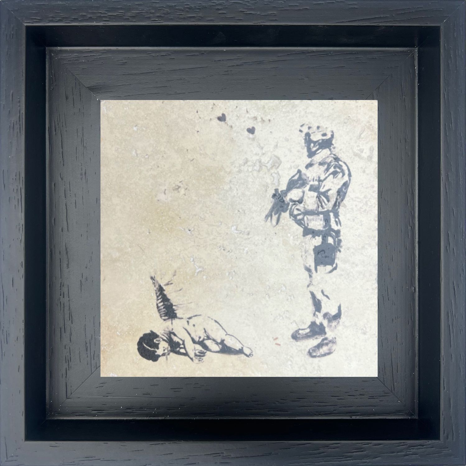 Banksy&#39;s Fallen Cupid &amp; the Soldier Design Stone Art, Size: Small, Frame Colour: Black