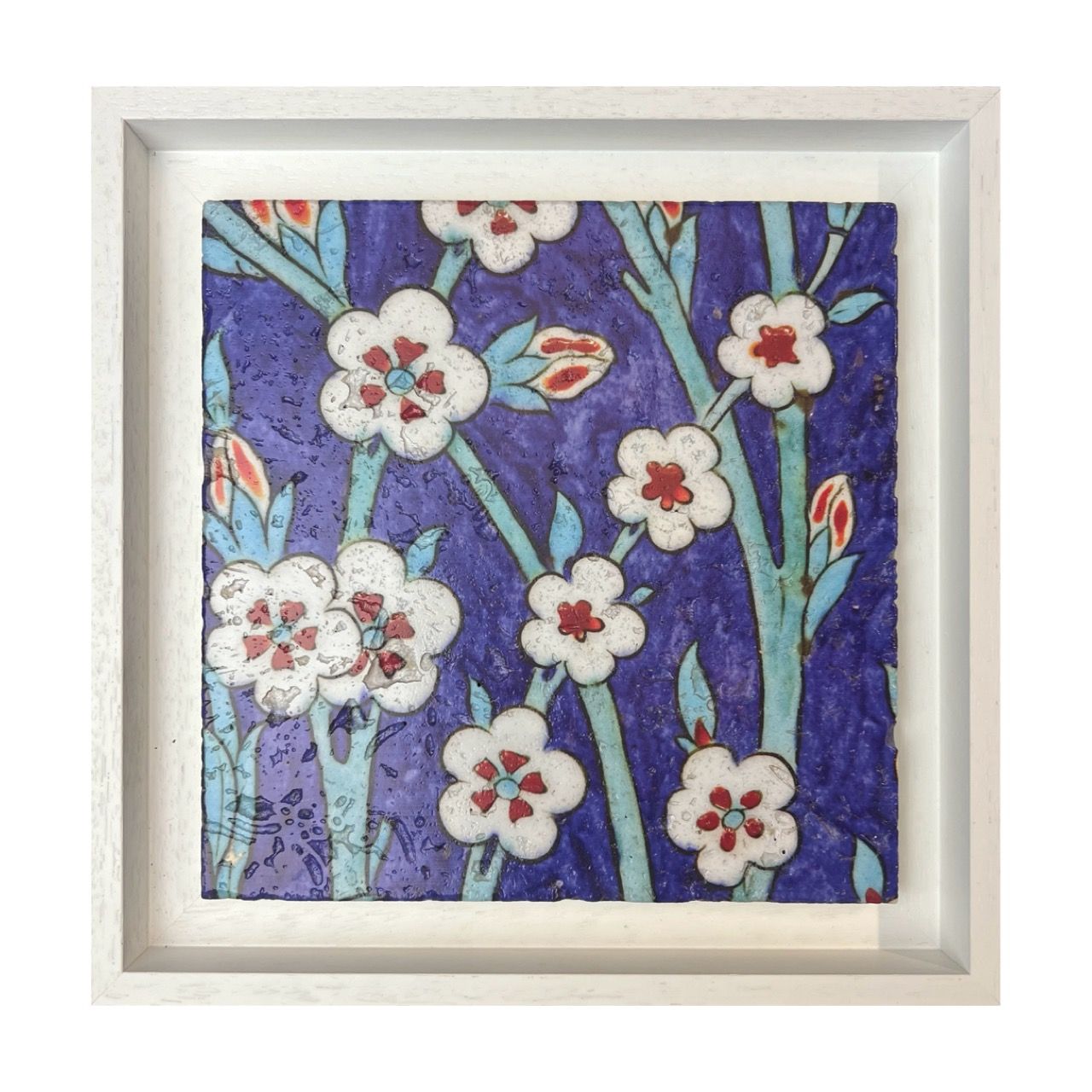 Geometric Iznik Blue Floral Design Stone Art, Size: Small, Frame Colour: White