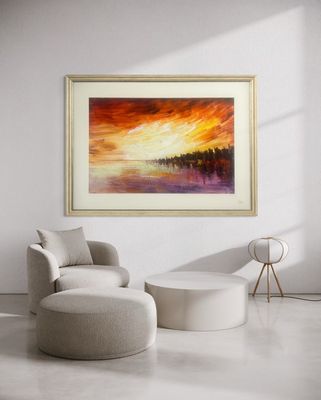 Ember Horizon | Original Textured Oil Painting | Cream Mount Distressed Cream Frame