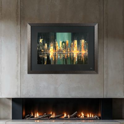 Light Between Towers | Original Textured Oil Painting | Black Mount Black Museum Frame
