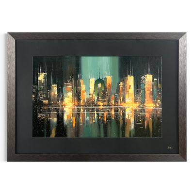 Light Between Towers | Original Textured Oil Painting | Black Mount Black Museum Frame