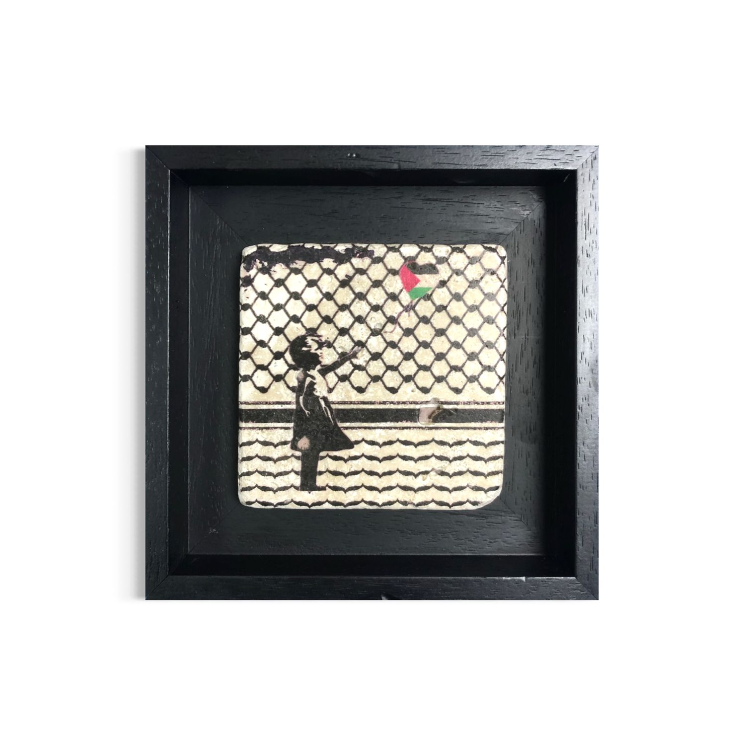 Banksy's Girl with Keffiyeh &amp; Palestine Balloon Design Stone Art Clearance, Size: Small, Frame Colour: Black