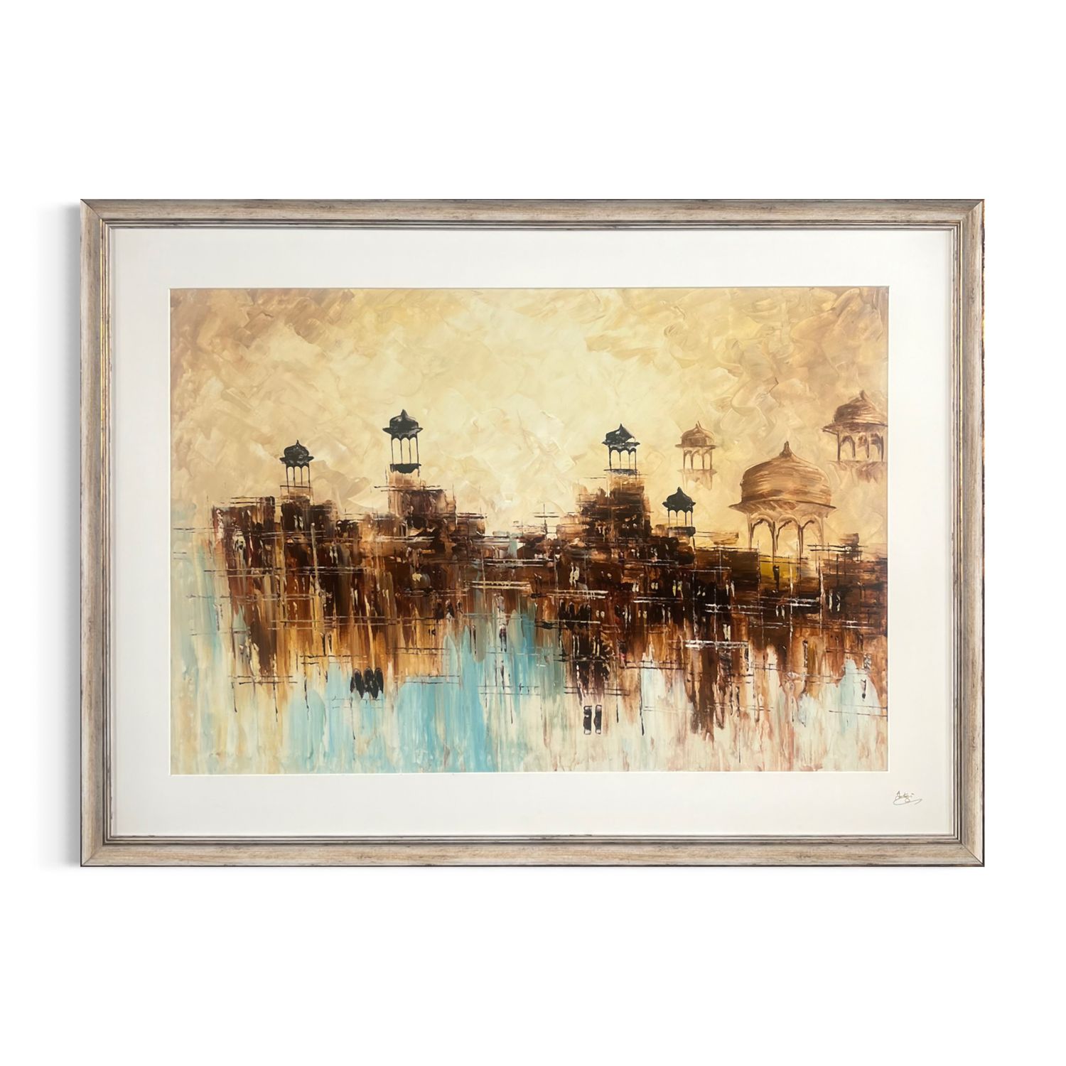 The Gathering of Minarets | Original Textured Oil Painting | Cream Mount Silver Distressed Frame