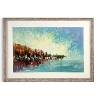 Azure &amp; Ember: The Quiet Shore | Original Textured Oil Painting | Weathered Ash Frame