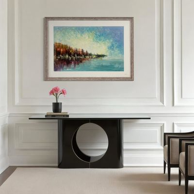 Azure &amp; Ember: The Quiet Shore | Original Textured Oil Painting | Weathered Ash Frame