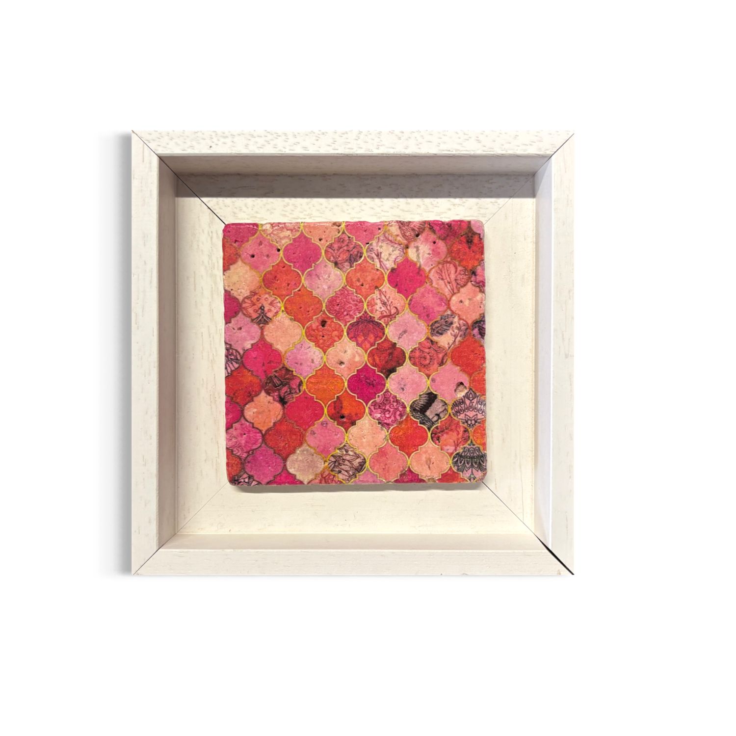 Vibrant Pink Moorish Geometric Design Framed Stone Art, Size: Small, Frame Colour: White