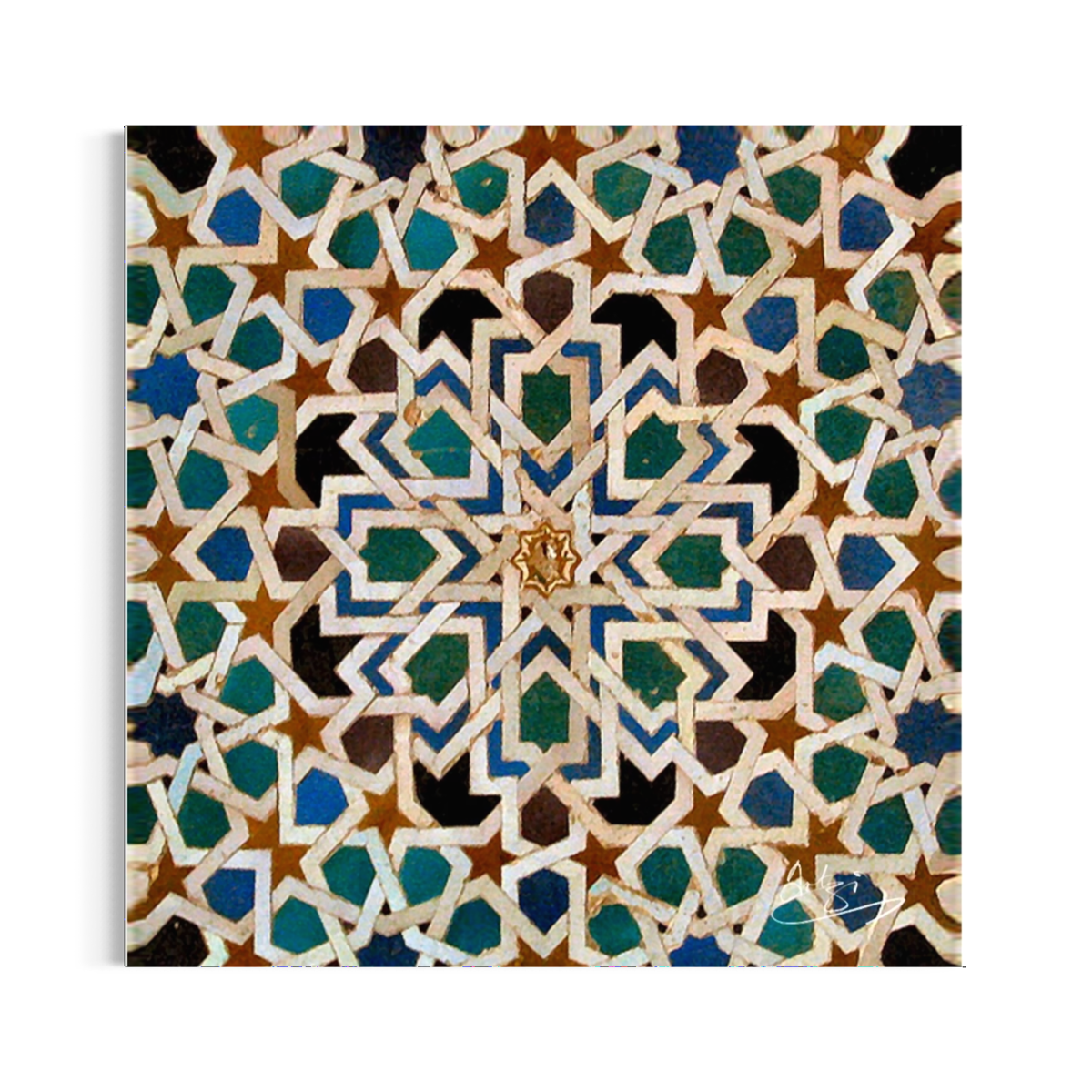 Green &amp; Blue El Mexuar Alhambra Moorish Geometric Design – Giclée Premium Print, Frame Colour: Un-framed, Size: Small