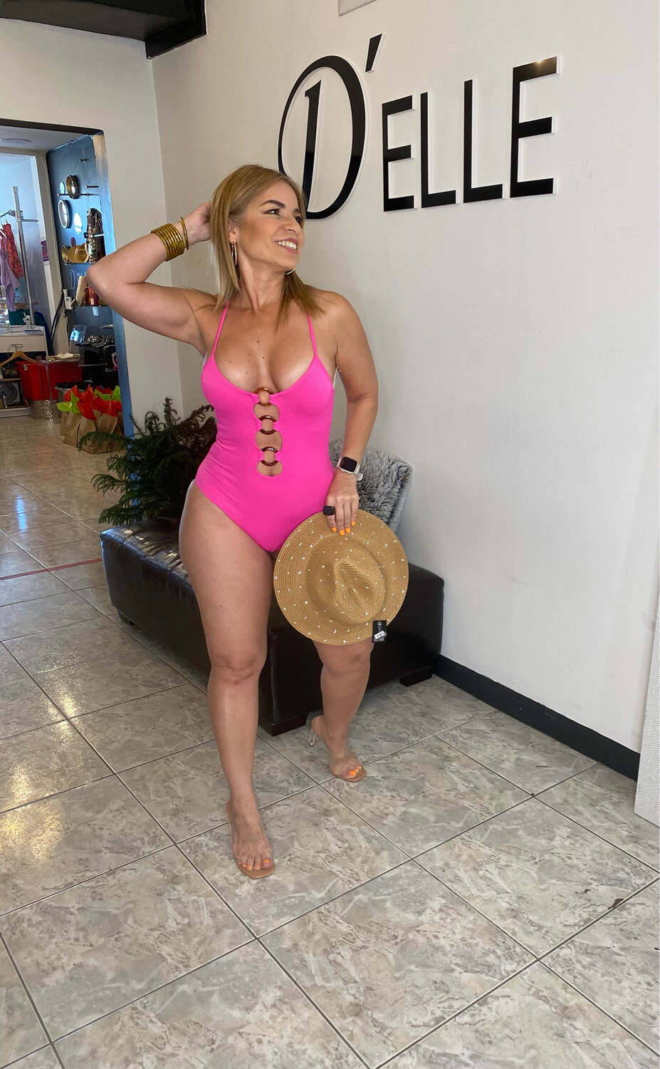 Hot Pink Or Black Ribbed Material One Piece With Center Tortoiseshell Ring Trim