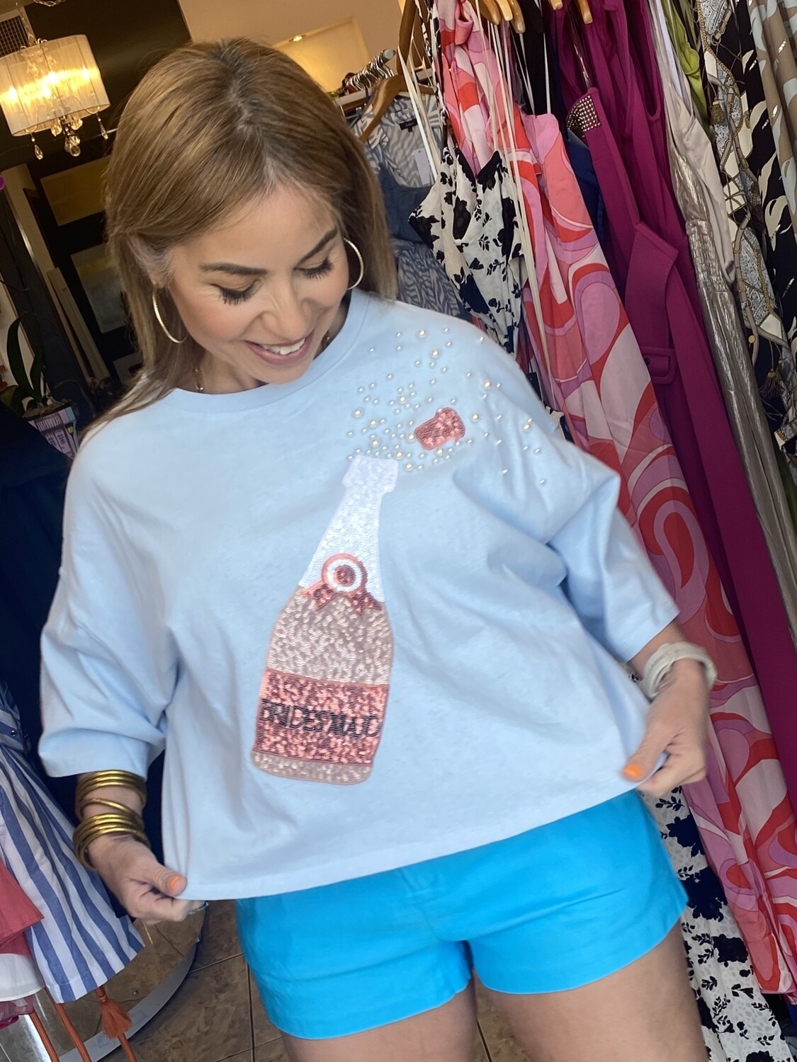 Cream Or Baby Blue Sequins Pearl Patched Cropped Tee, Size: S, Color: Baby Blue