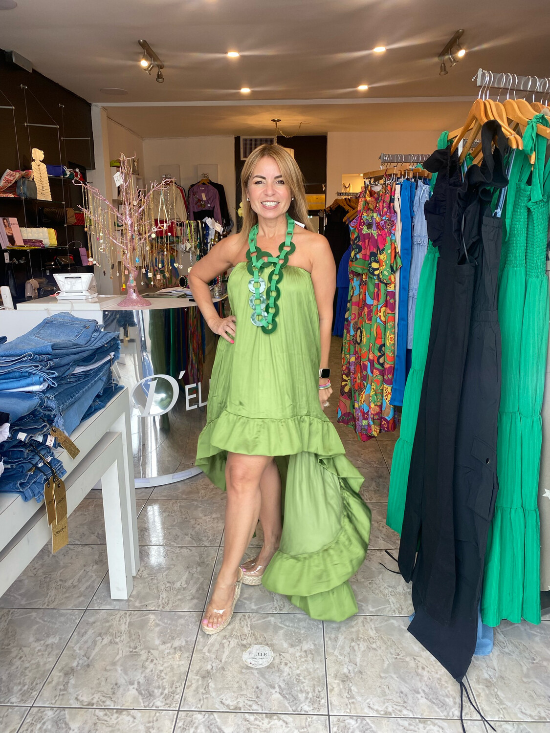 Kiwi Green Strapless Shirred Satin Dress