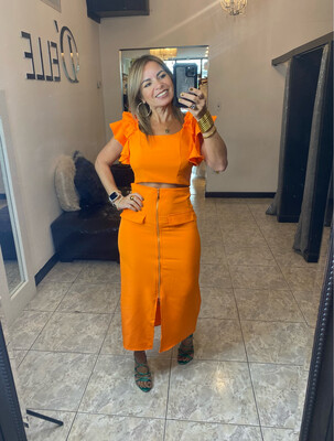 Orange Ruffle Top And Opening In The Frtont Part Skirt Set