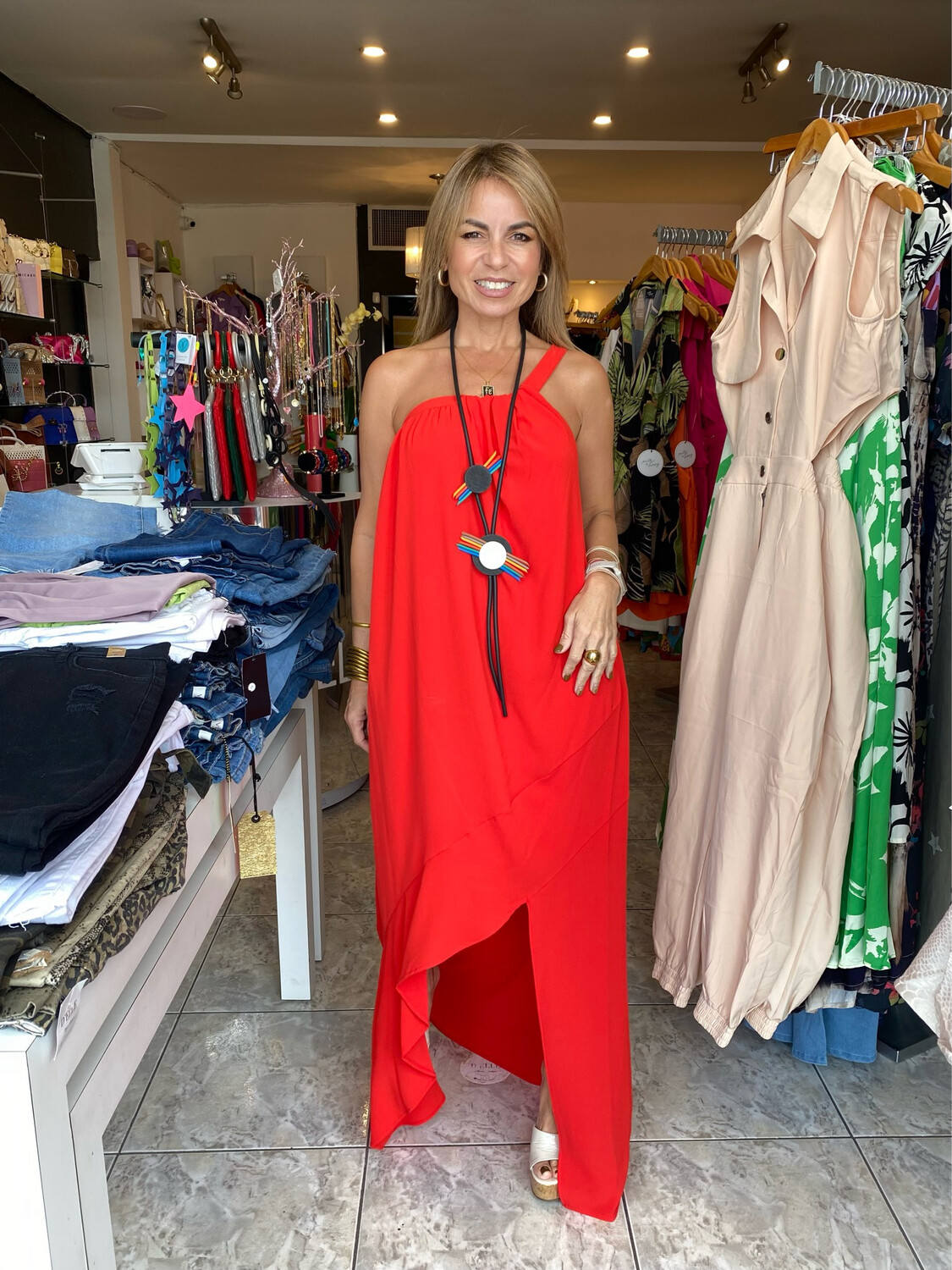 Tomato Red Textured One Shoulder Asymmetrical Dress