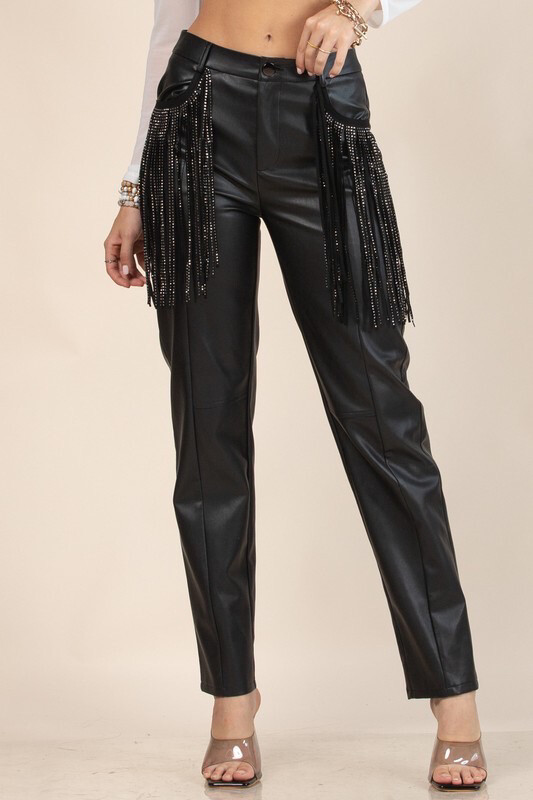 Black Faux Leather Fringe Detail Pockets Pants