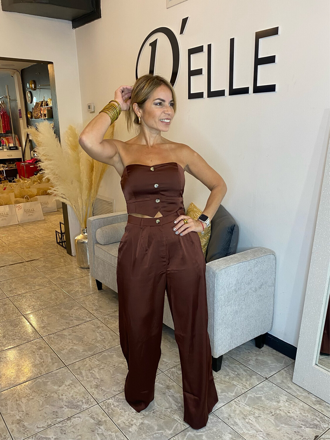 Dark Brown Tube Vest Cropped Top &amp; High Waisted Pants Set
