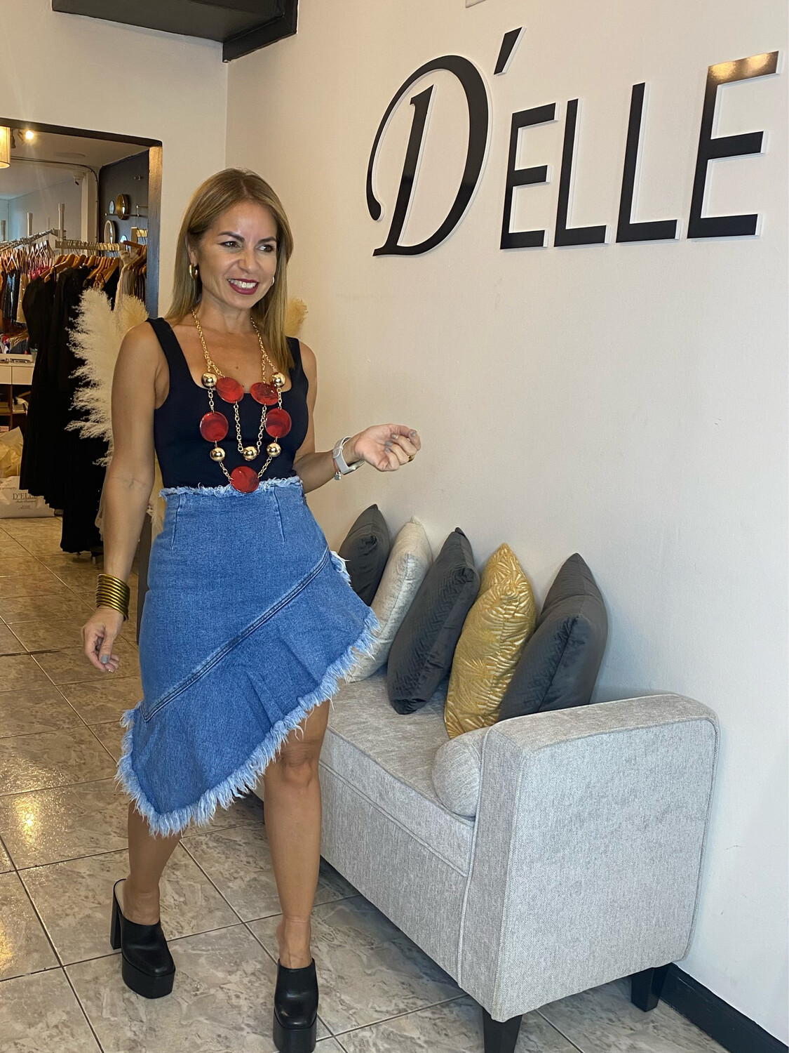 Flared Cut Off  Hem Denim Skirt