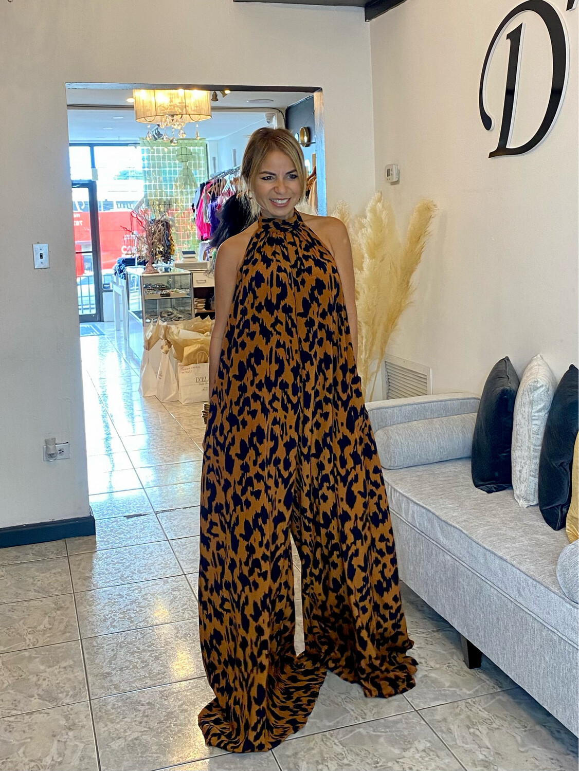 Brown Animal Print Halter Jumpsuit