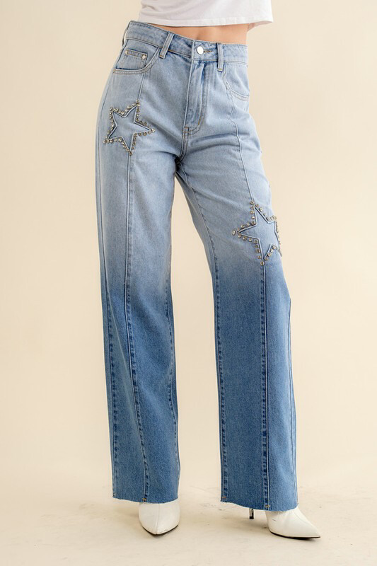 Light Wash Mid Rise Garment Washed Seam Line Star Rhinestone Stud