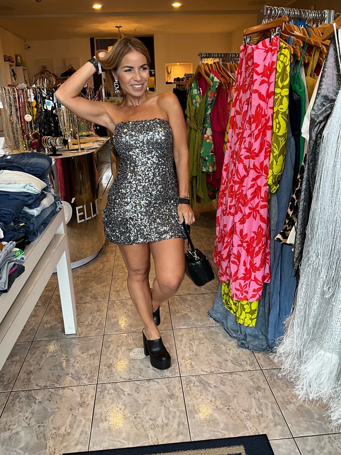 Gun Metal Sequin Mini Dress