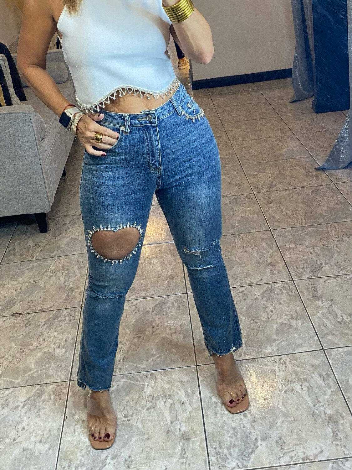 Denim Crop Stretch Ankle Frayed Button Heart Studded Cut Out