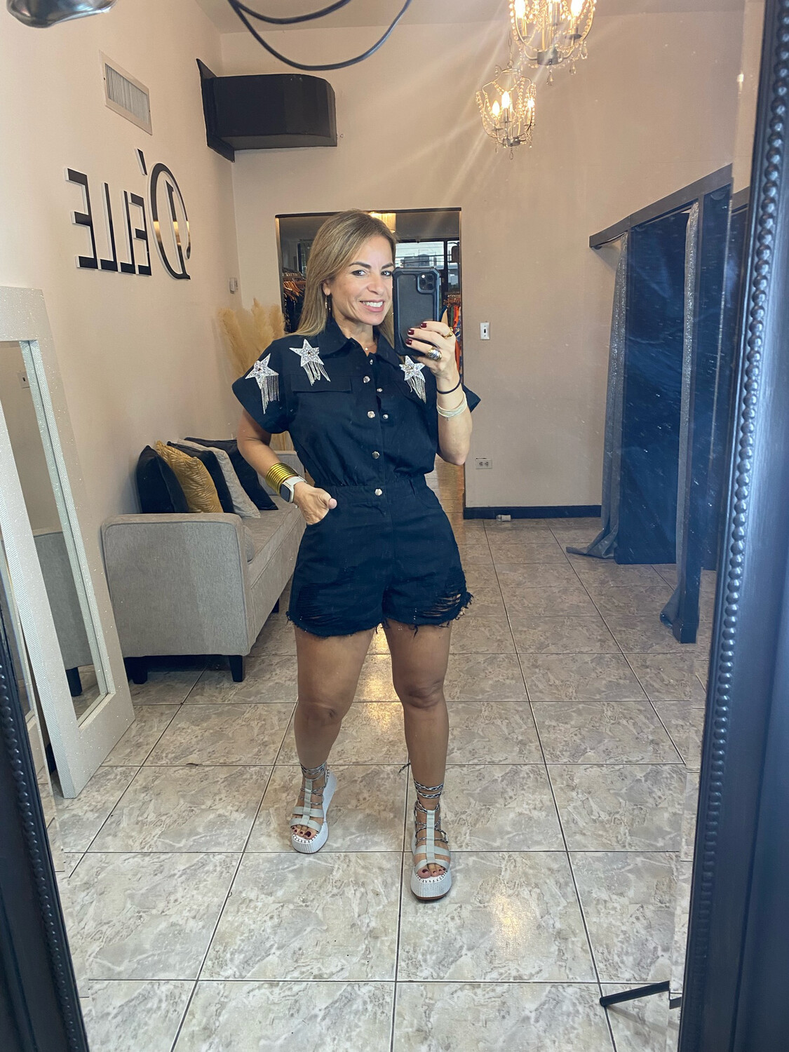 Black Fringe Star Patch Raw And Distressed Denim Romper