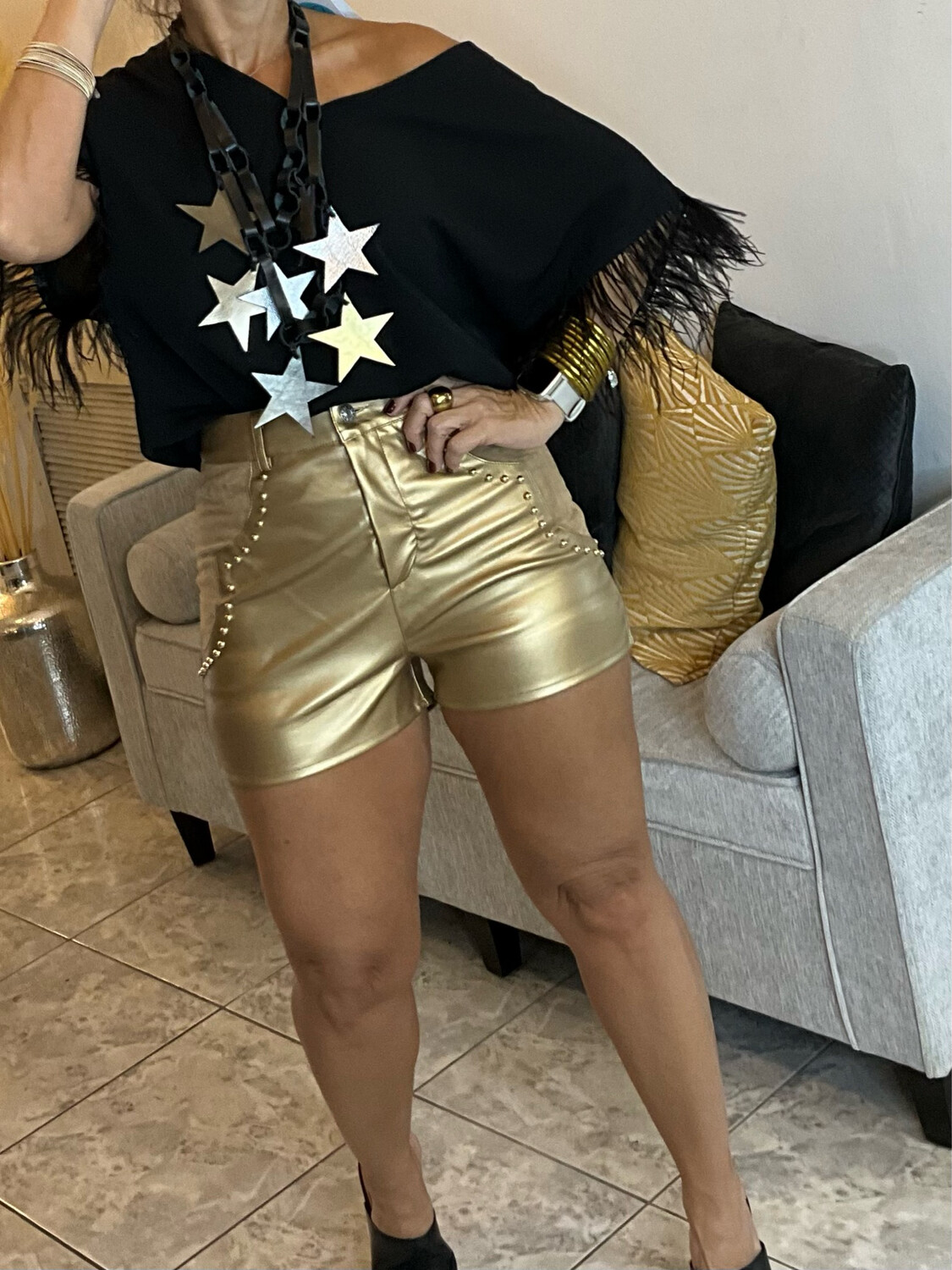 Black Or Gold Faux Leather Stretch Suede Contrast Studded Mini Short