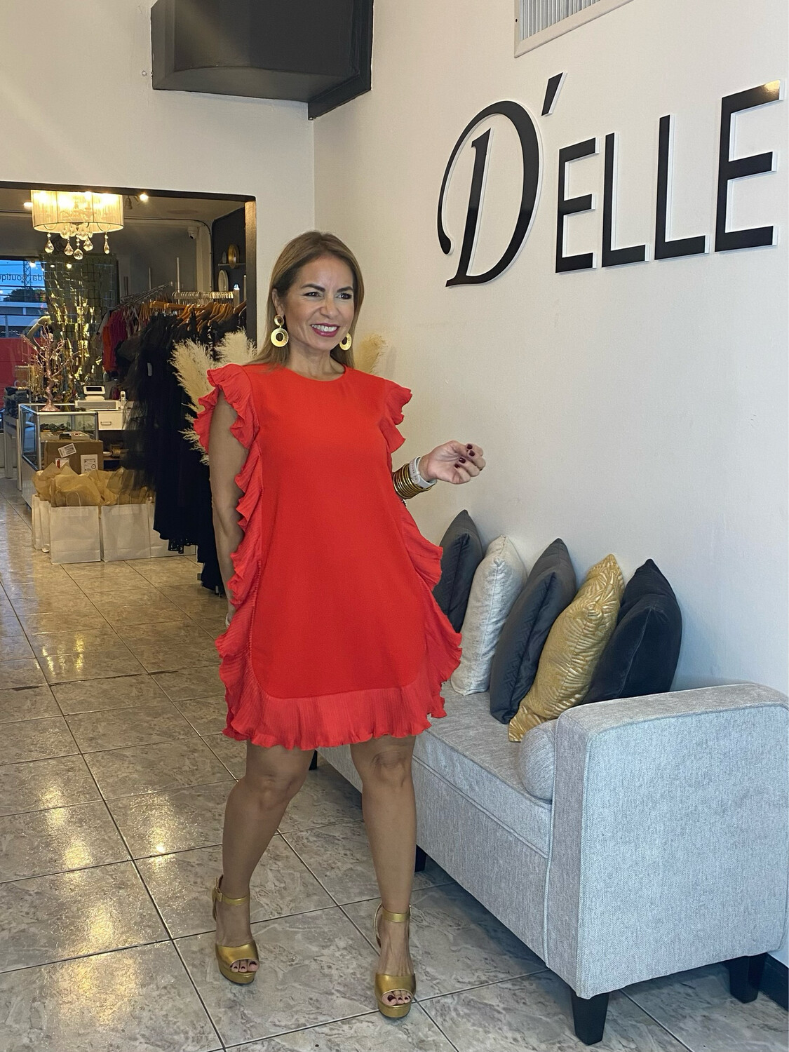 Mauve Or Red Side Ruffle Trim Dress