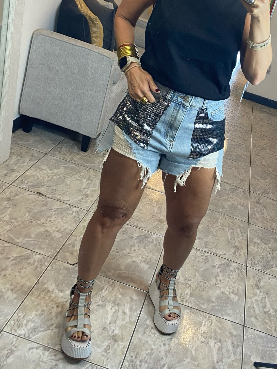 Denim Black Or Denim Blue Frayed Shorts